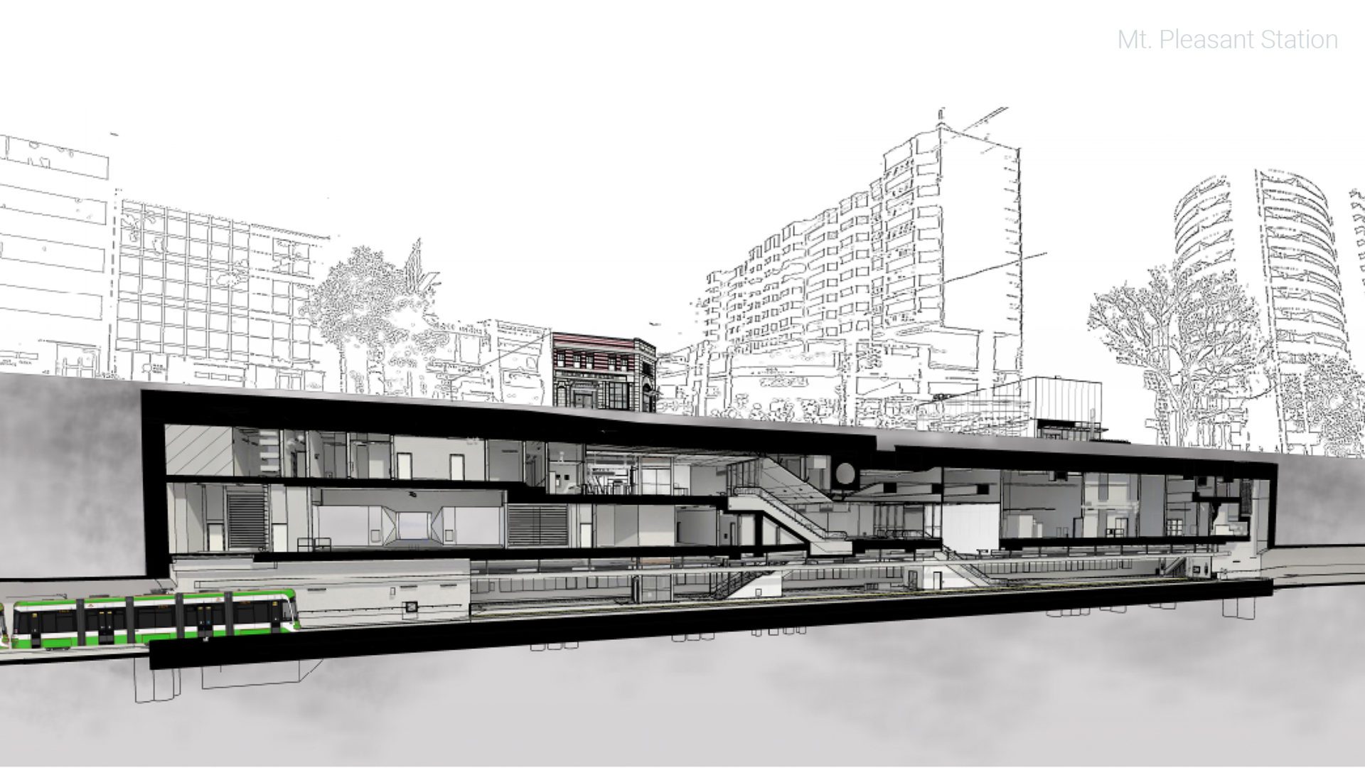 rendering of mt pleasant station provides interior view of all levels. subway in tunnel seem at the bottom