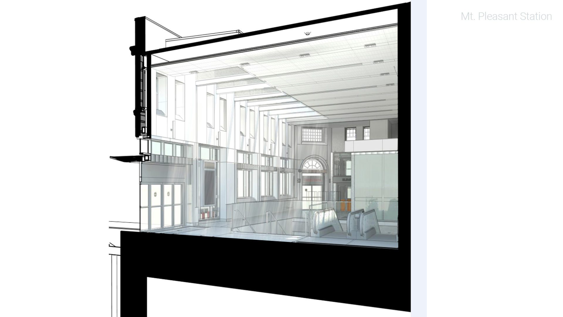 rendering of mt pleasant subway station entrance. image of doors with nearby stairs and escalators.