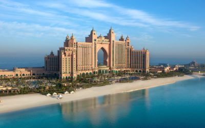 aerial side view of atlantis the palm building exterior