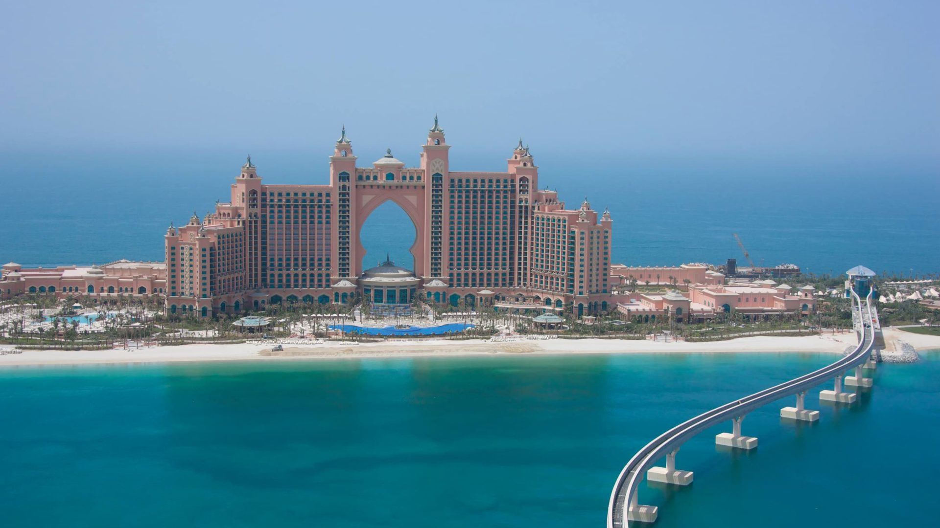 aerial view of atlantis the palm building exterior and water