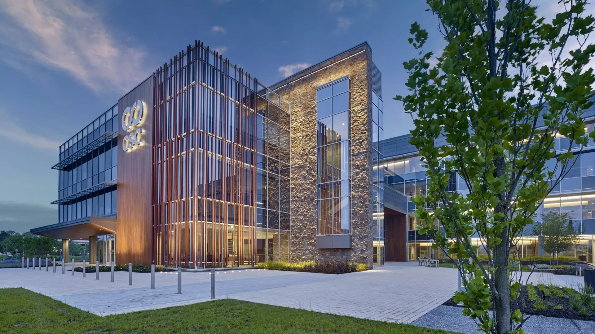 corporation service company headquarters building exterior at night