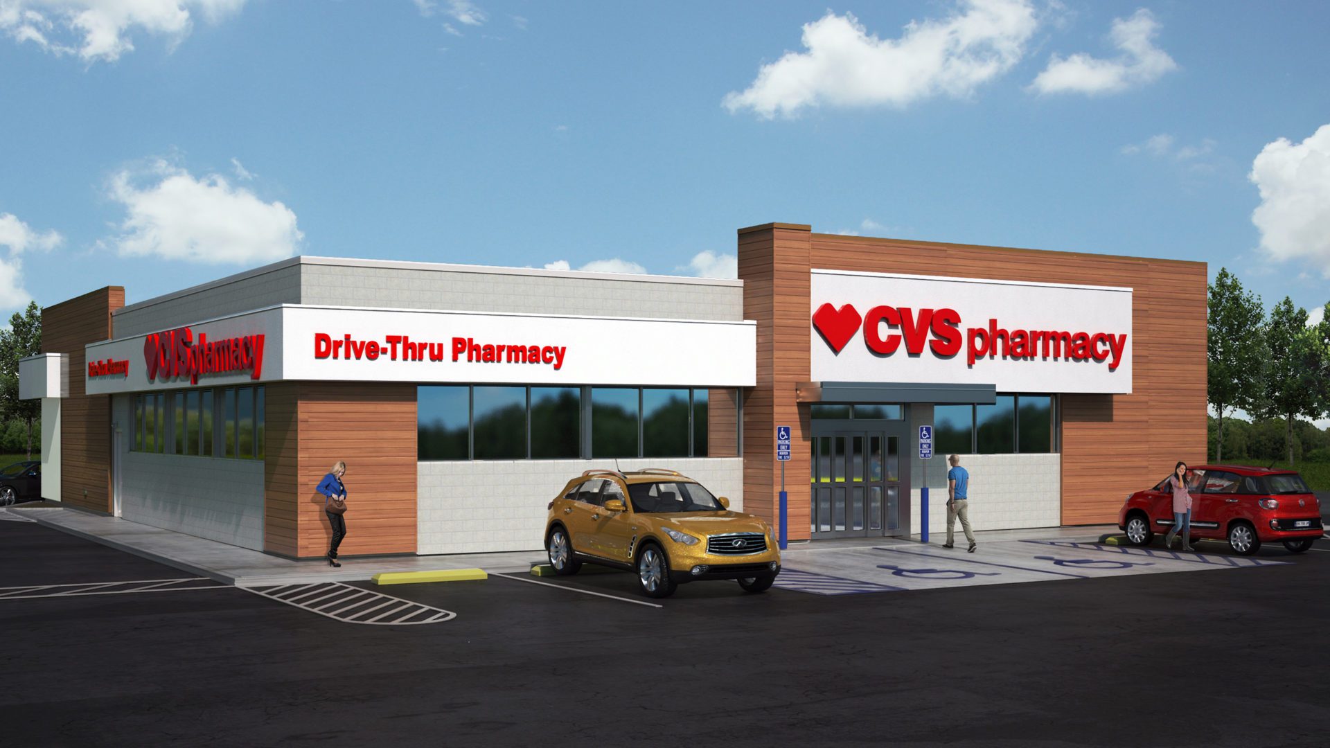 rendering of CVS Pharmacy Exterior and parking lot with cars. white sign reads CVS pharmacy