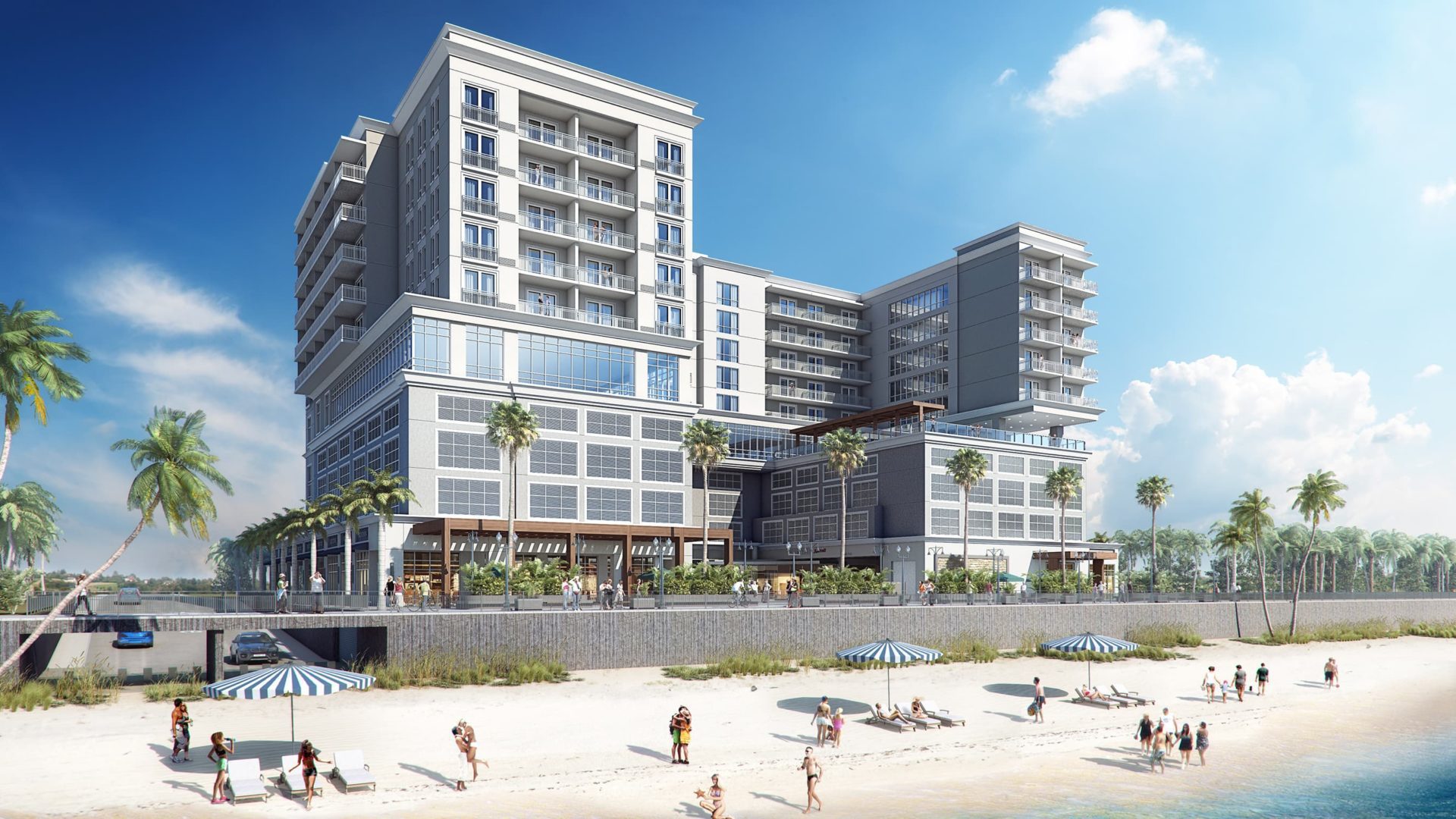 back view of hyatt hotels building exterior with beach