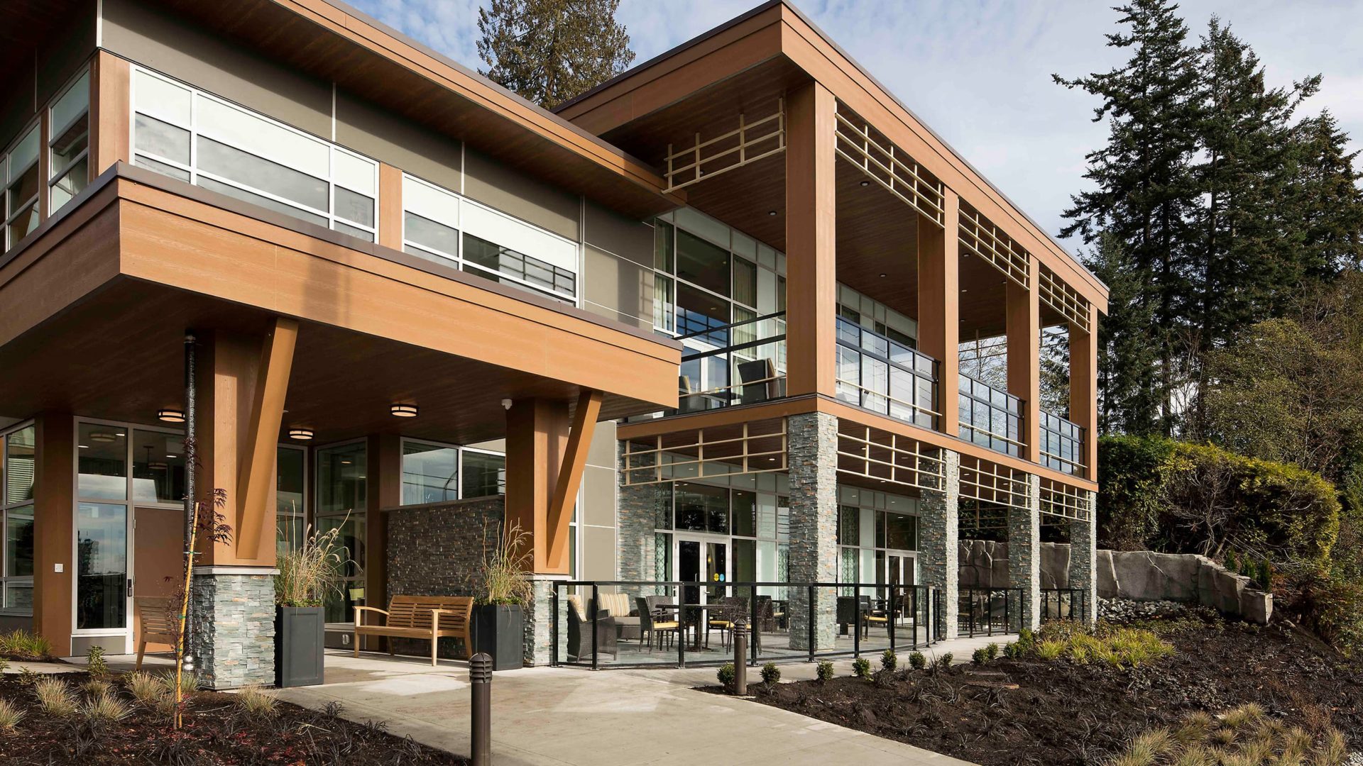 building exterior in daytime of maison senior living