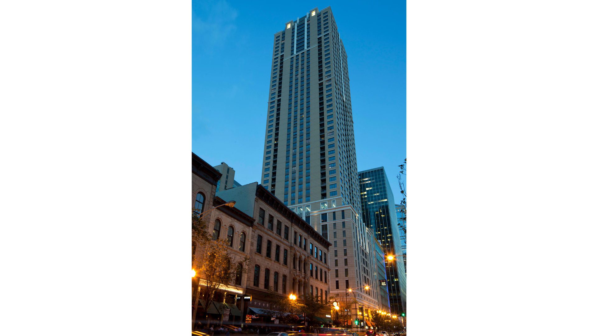 exterior night view of river north rental apartments