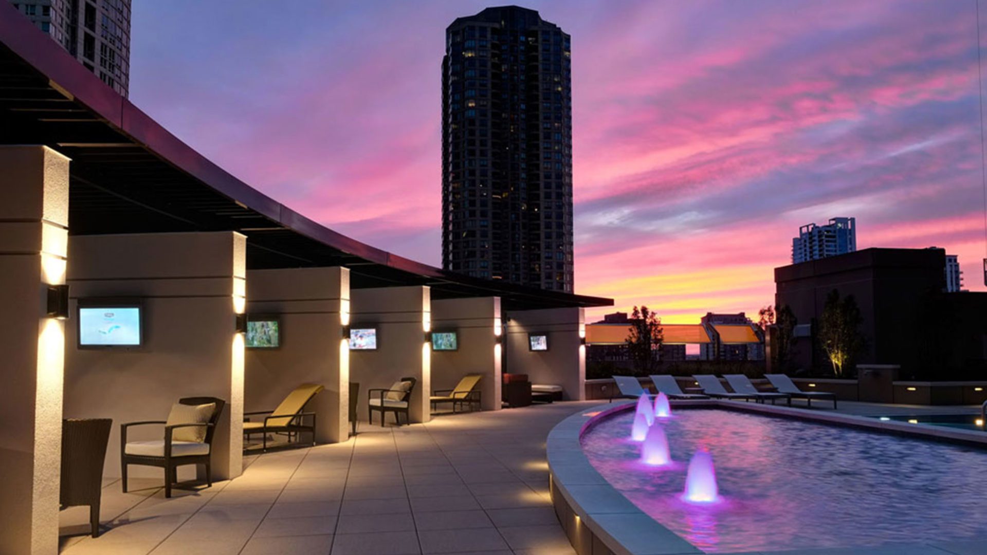 night view of river north rental apartments amenity area