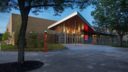 exterior with trees and grass lawn at rutgers university gymnasium