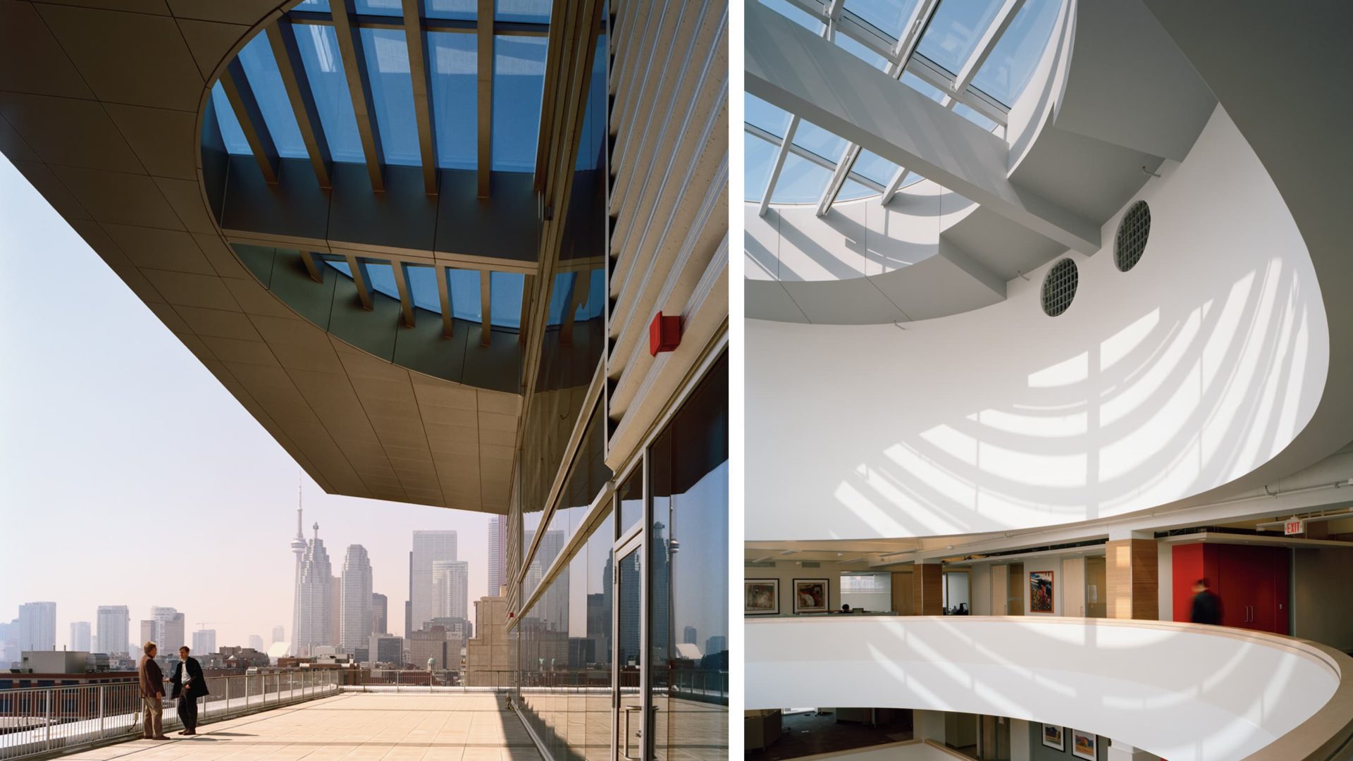 building exterior of sas institute canada headquarters. exterier terrace view and interior hallway view.