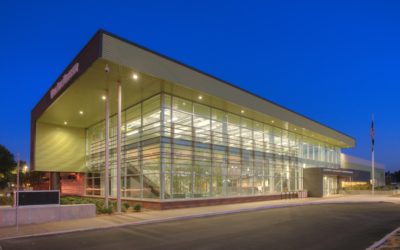 building exterior of wayne state university advanced technology education center at night