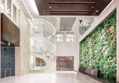 interior of wellington building. green wall to the right and white spiral staircase on the left