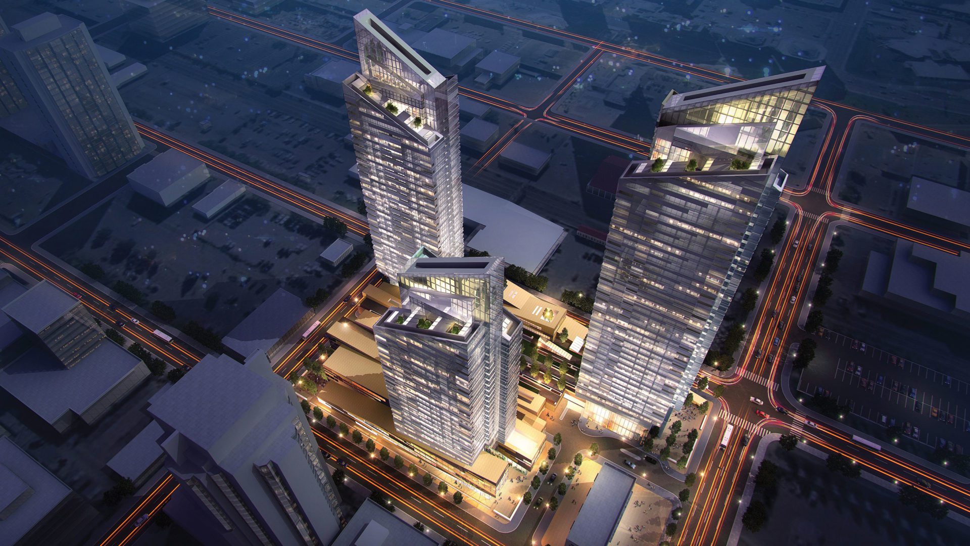 aerial view of west village towers at night