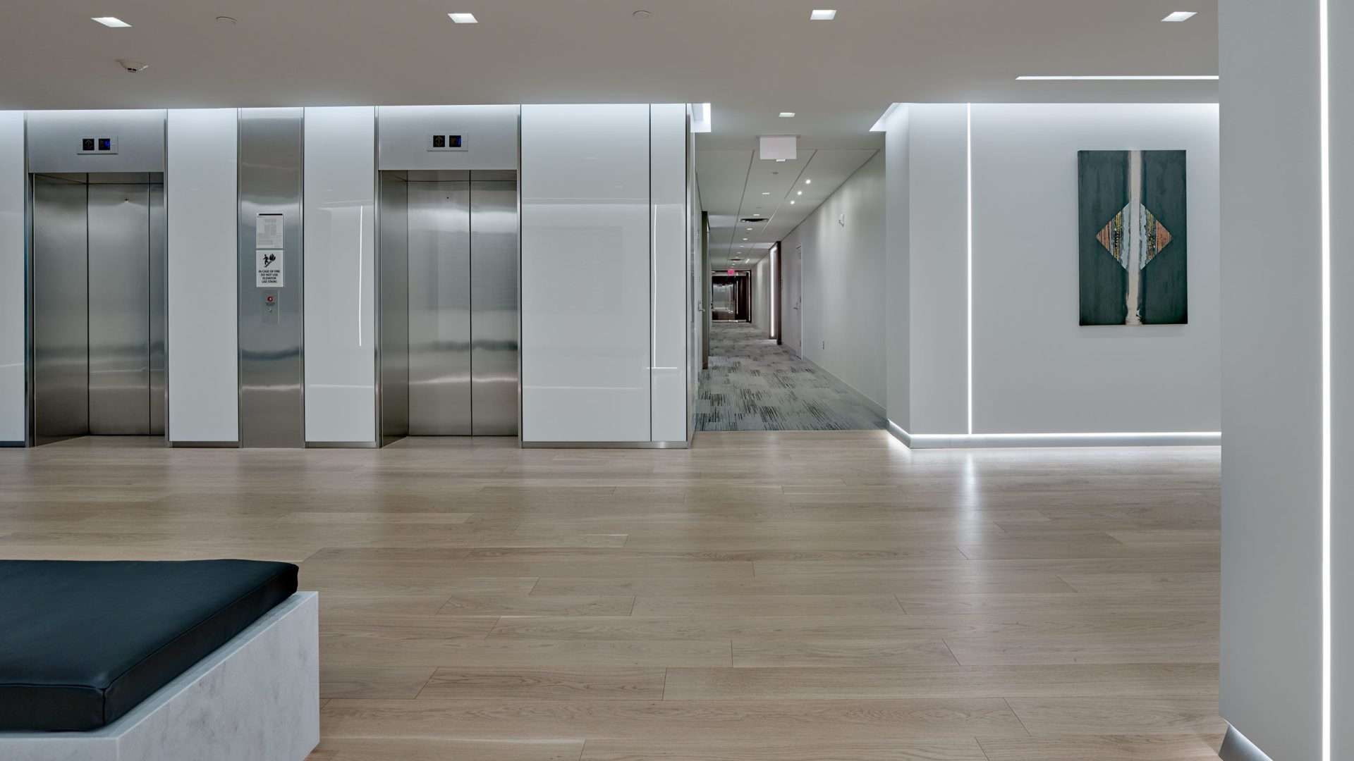 bright image of lobby and elevators at 650 Swedesford