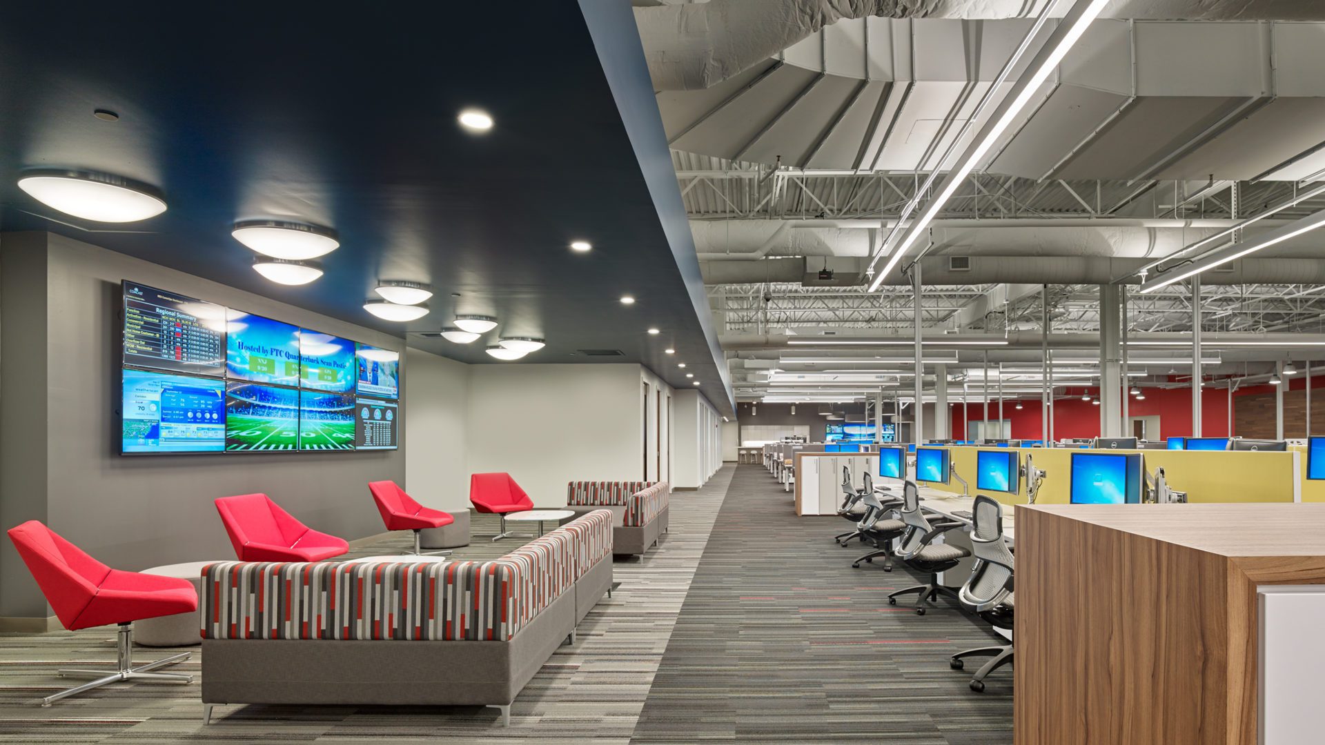 comcast voorhees call & dispatch center interior breakout area and workstations