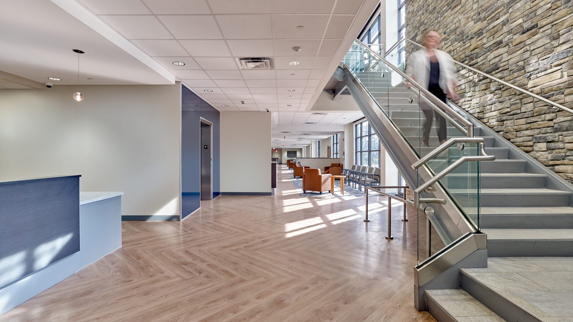 Ocean Health Interior Hallway and Stairwell featuring calm blue interior design