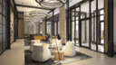 interior rendering of a lobby area with comfy white chairs