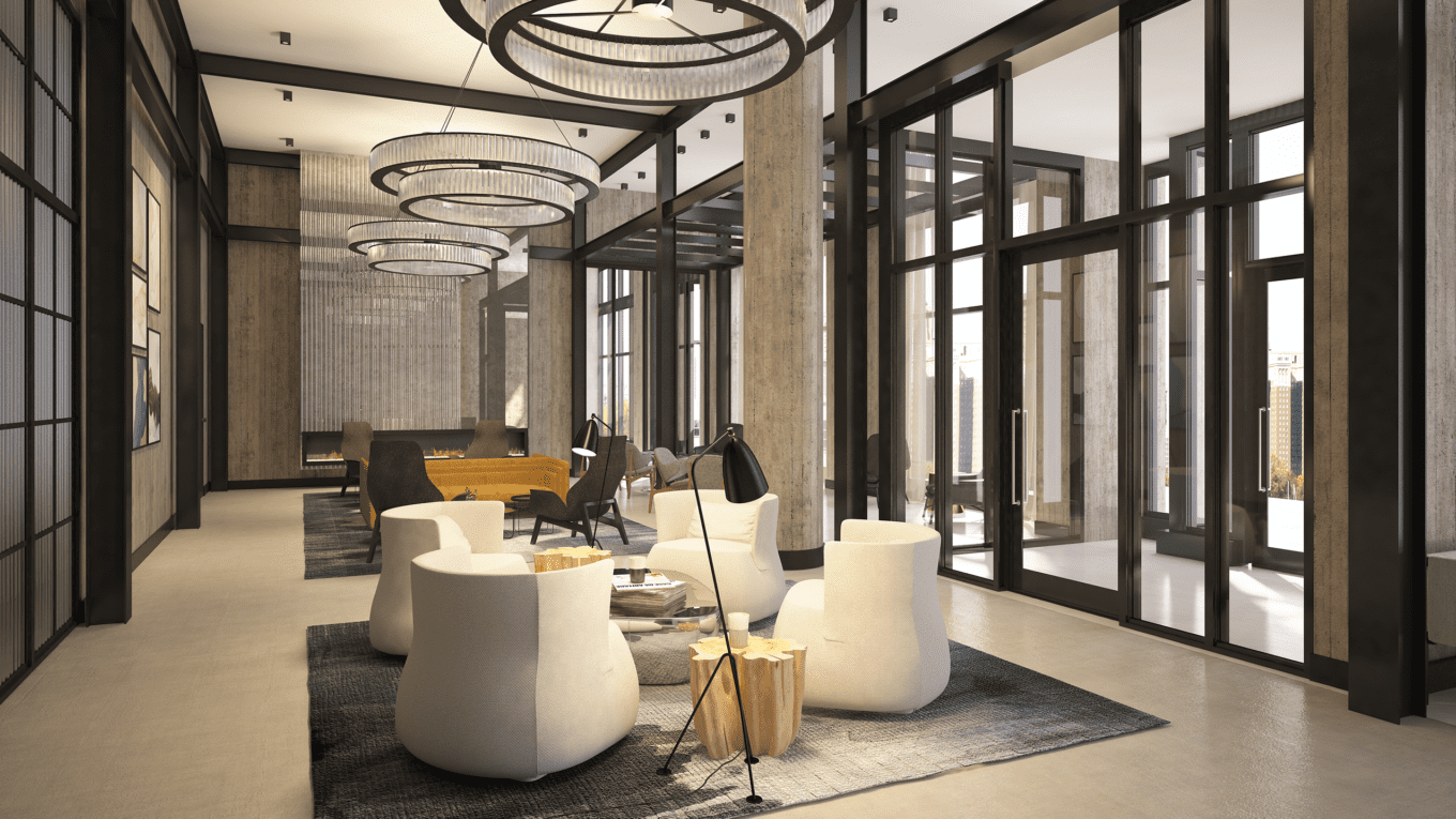 interior rendering of a lobby area with comfy white chairs