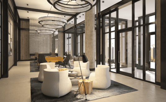 interior rendering of a lobby area with comfy white chairs