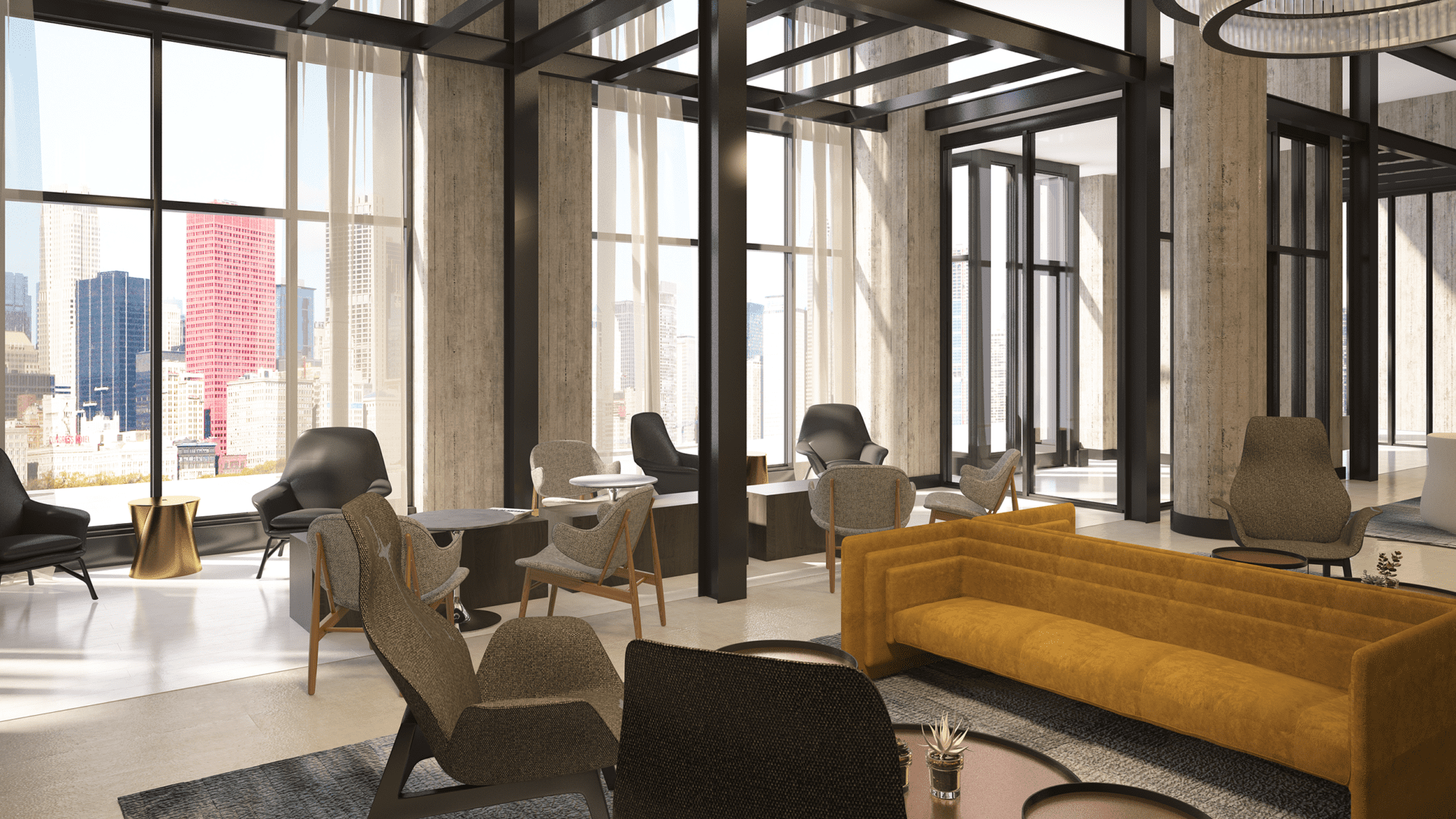 residential interior of lobby area. comfy grey and yellow seating with lots of natural light coming in through windows