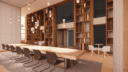 rendering of a residential interior. long wood table lined with chairs
