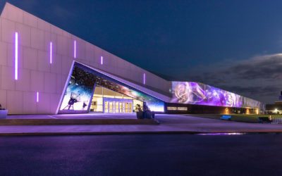 nighttime exterior image of public building canada science and technology museum in ottawa ontario