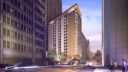 evening exterior rendering of hospitality building