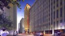 evening exterior rendering of hospitality building