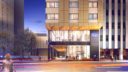 evening exterior rendering of hospitality building