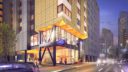 evening exterior rendering of hospitality building