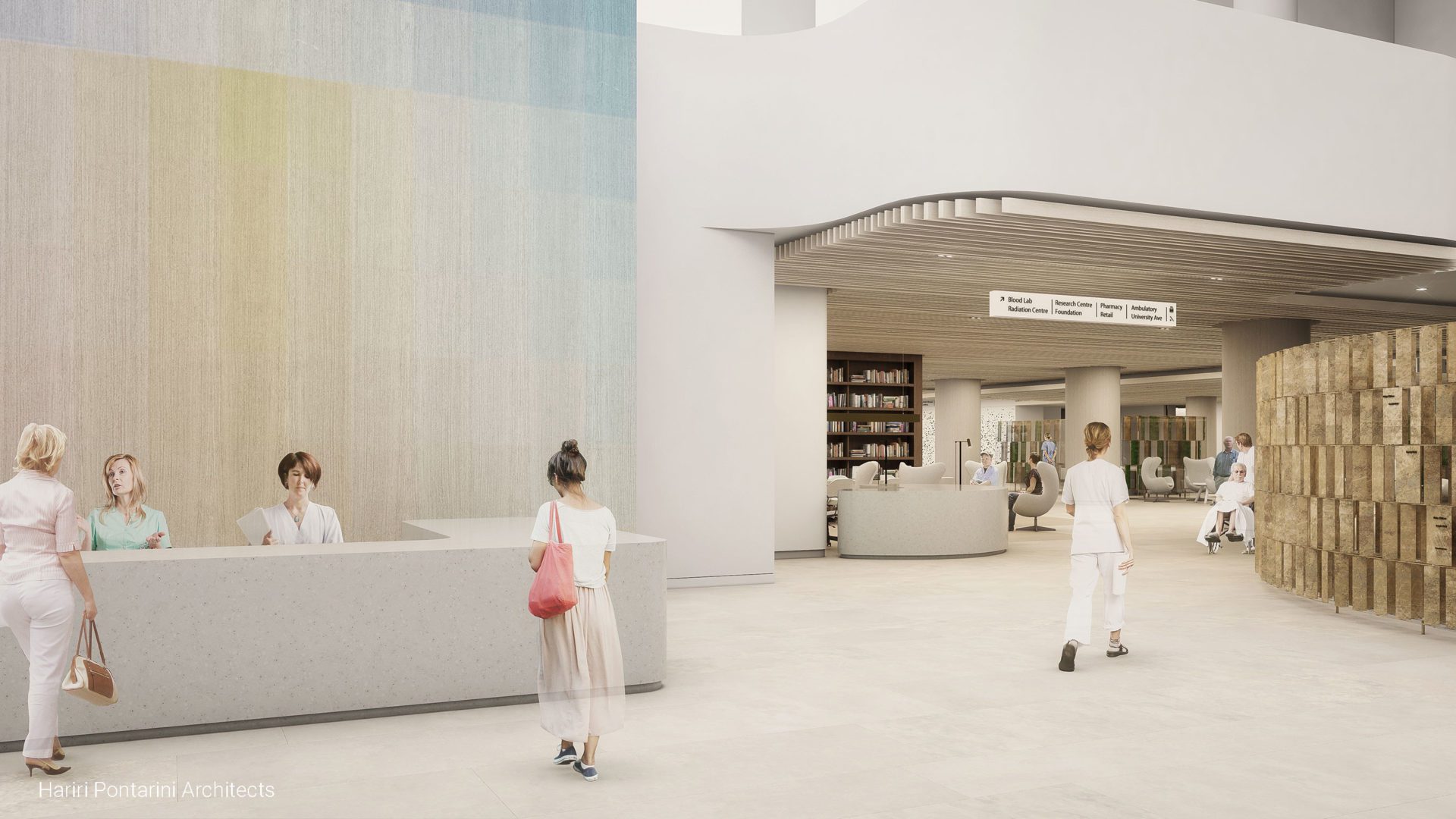 rendering of bright reception area with people walking