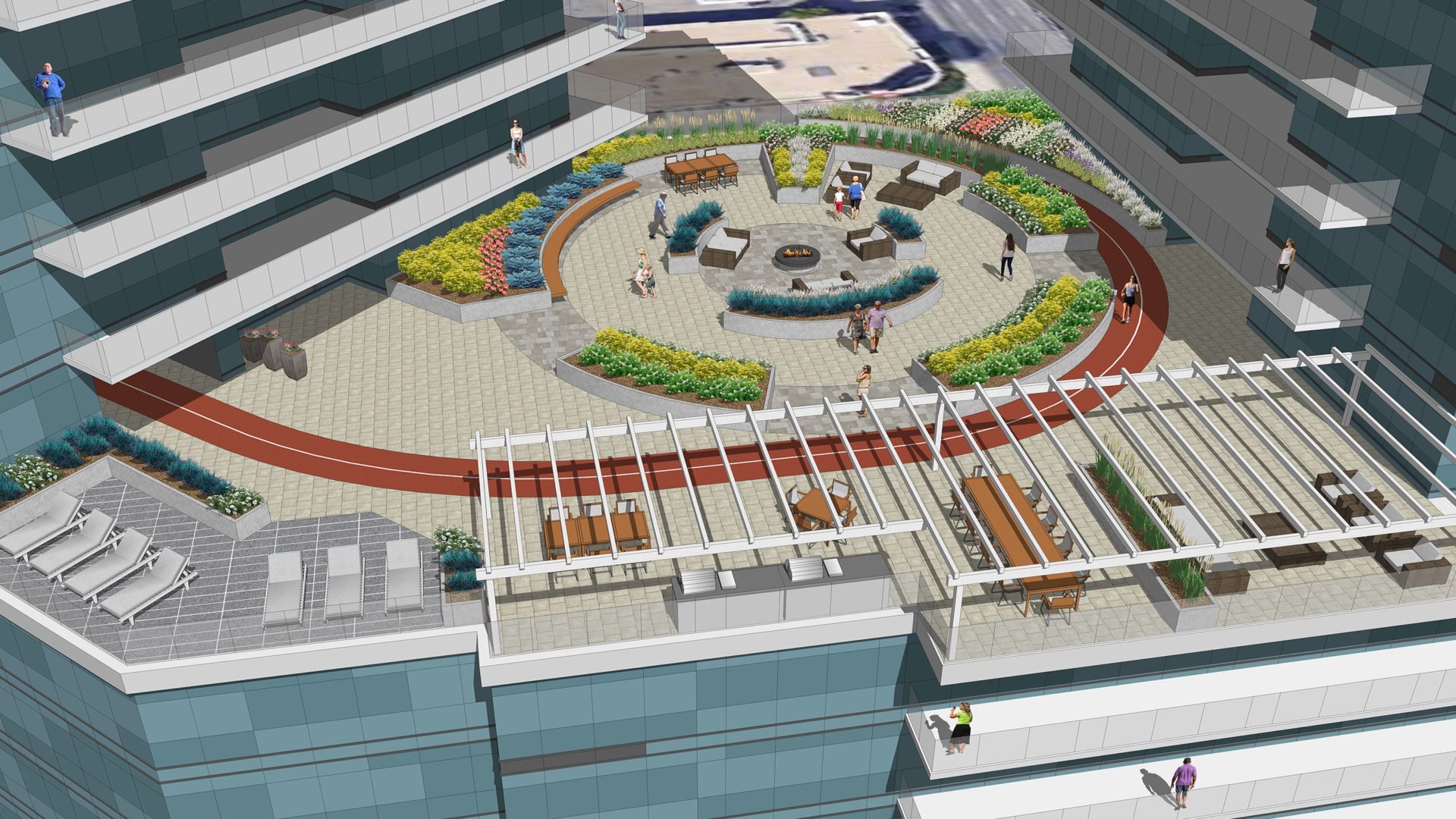 daytime eagle eye view of outdoor common area. there is seating arranged in a circle