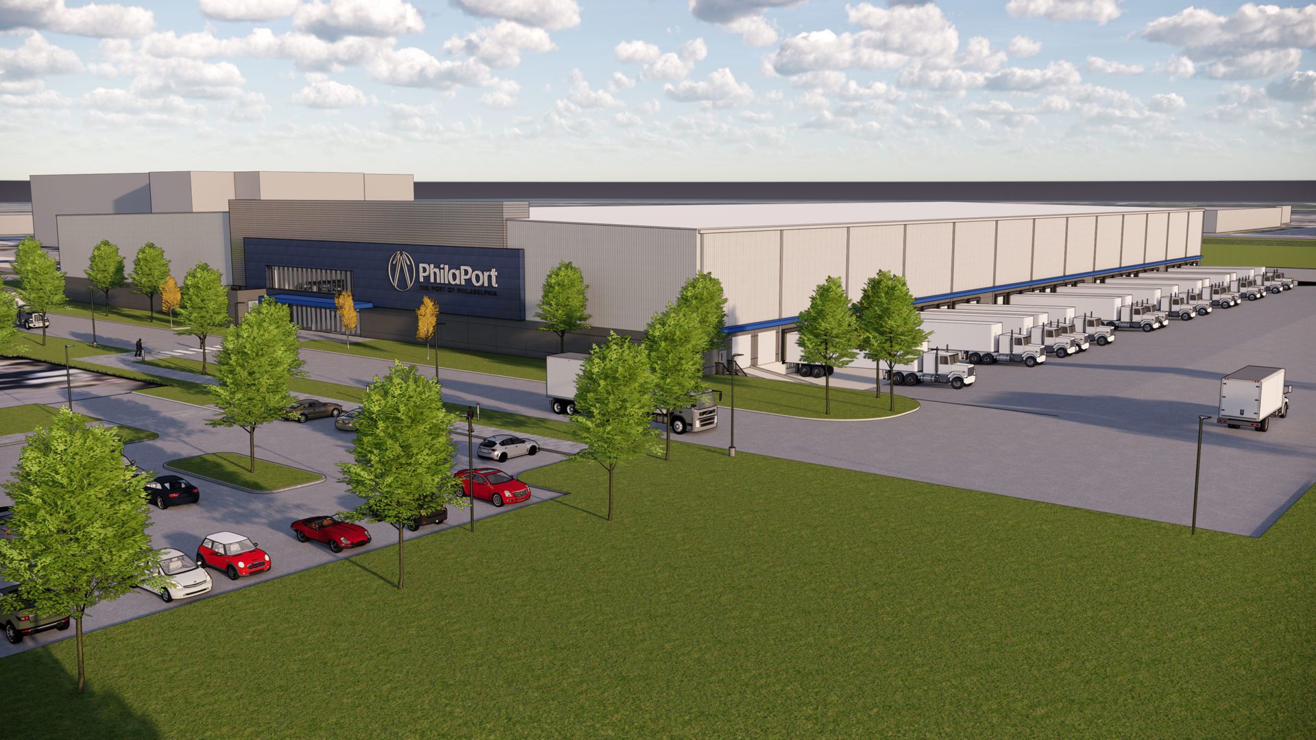 Rendering of a large grey industrial building surrounded by a parking lot.