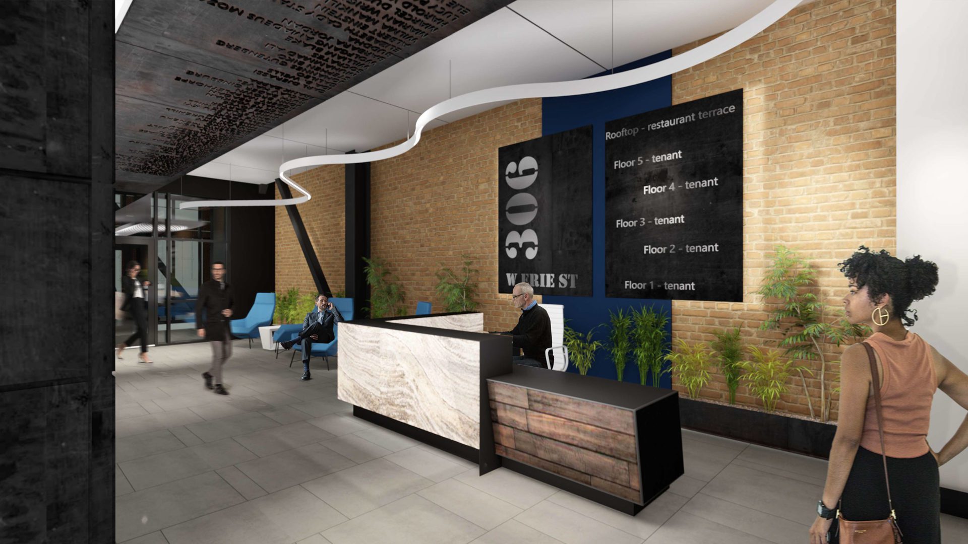 large reception area with plants along the wall