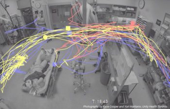 heat map of a hospital trauma bay. yellow, red and blue lines illustrate movement in the room