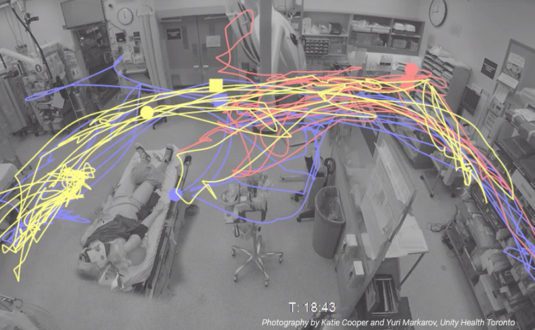 heat map of a hospital trauma bay. yellow, red and blue lines illustrate movement in the room