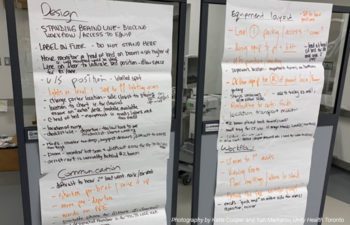two stands holding paper with written notes like "design" and "equipment layout"
