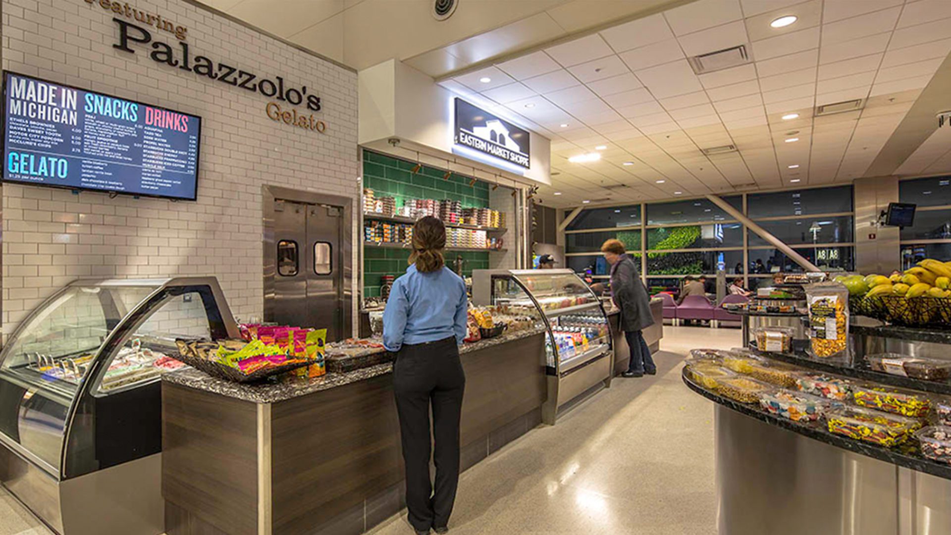 cafeteria view at Eastern Market @ DTW. sign reads "palazzolo's gelato"