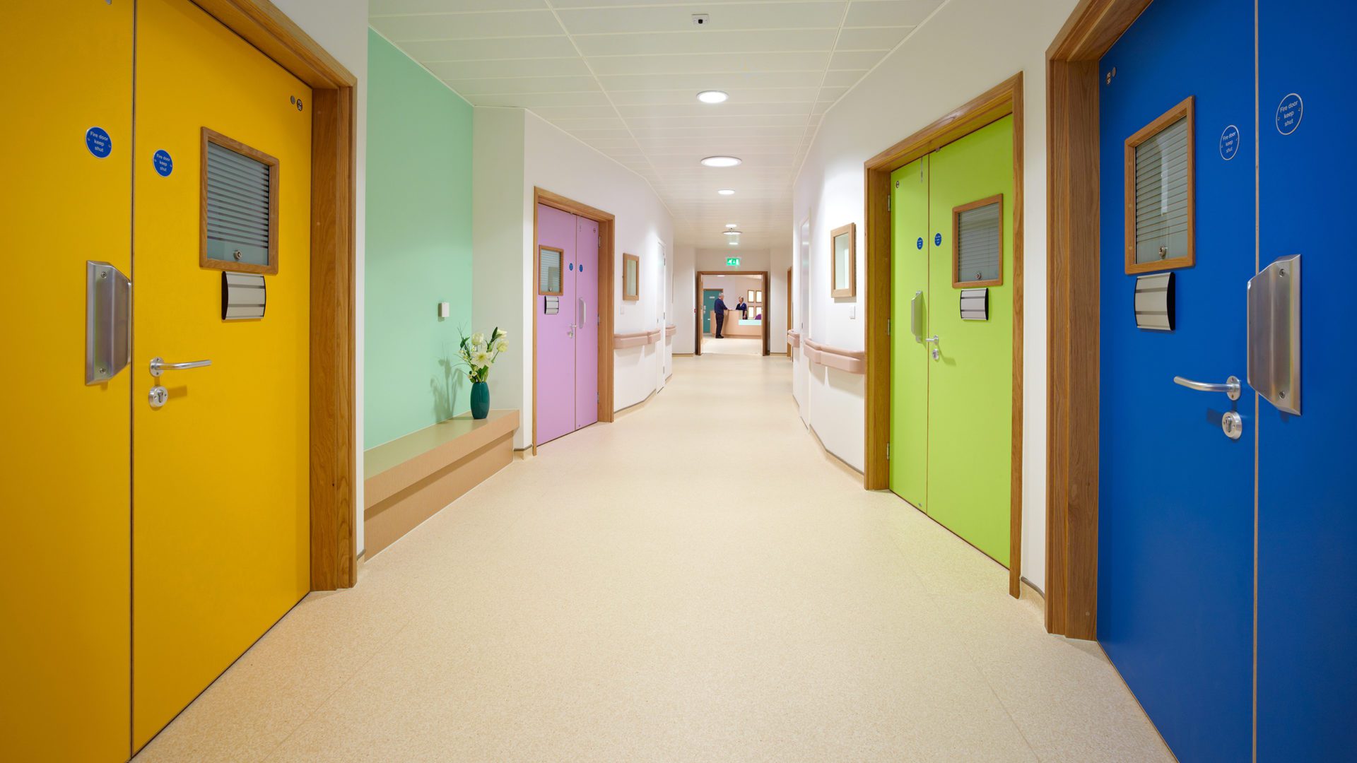 Midpark Hospital Interior of hallways and colorful doors