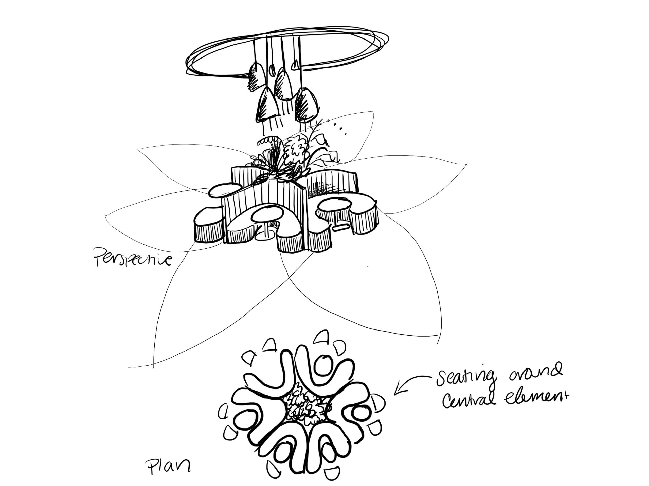 sketch of furniture layout in a radial shape, resembling a flower