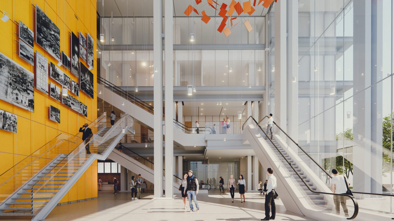 new toronto courthouse atrium. people walking around stairs and elevators. large orange art installation hangs from ceiling.