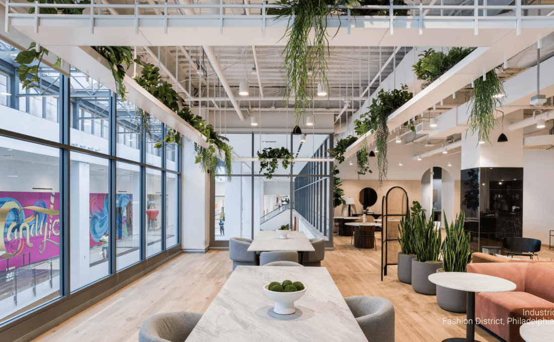 bright interior image of office area at industrious coworking space.