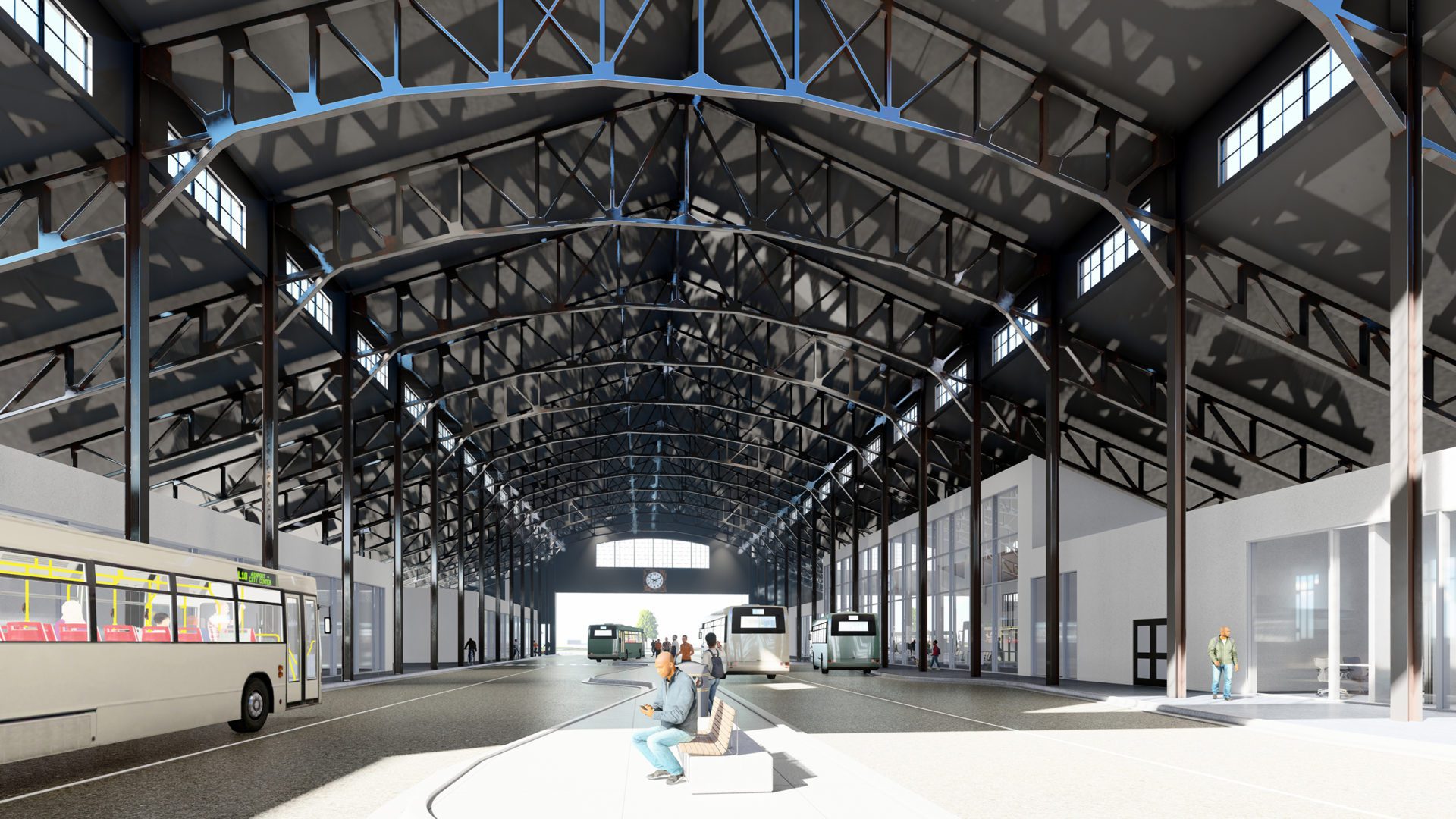 Indoor rendering of Transit Center and SmartBus Station Terminal with large hangar style ceilings