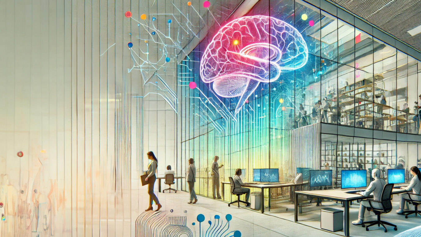 Digital artwork of an office with a glowing brain on a glass wall symbolizing mental health in the workplace. Office employees interact in a modern setting. Text reads 'World Mental Health Day' and 'Prioritizing Mental Health in the Workplace.'