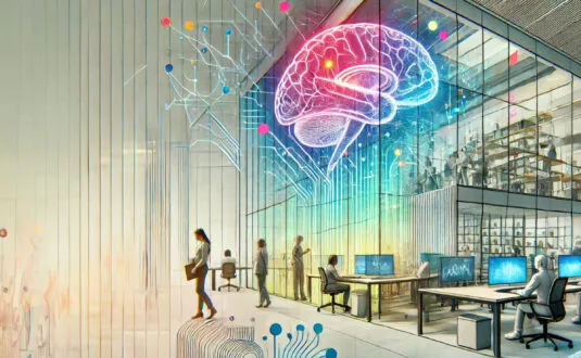 Digital artwork of an office with a glowing brain on a glass wall symbolizing mental health in the workplace. Office employees interact in a modern setting. Text reads 'World Mental Health Day' and 'Prioritizing Mental Health in the Workplace.'