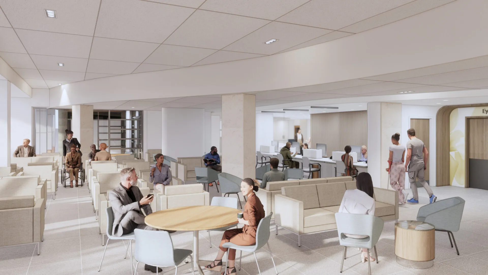 Waiting area featuring round tables, comfortable chairs and a mix of individual and group seating. Neutral tones and soft lighting create a calming atmosphere.