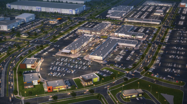 Aerial view of Rock Run Collection mixed-use development with road network and multiple buildings.